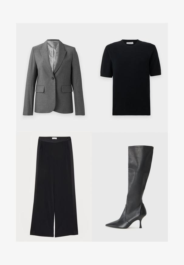 Szürke szabott blazer, élénk hajtókával, egygombos záródással, két elülső zsebbel és sima mintázatú béléssel. Szabványos fazon, hosszú ujjakkal.; Fekete, rövid ujjú kötött pulóver kerek nyakkivágással. Simogatós textúrával és bordázott mandzsettákkal és alsó résszel rendelkezik. Minimalista dizájn, minta vagy kiegészítők nélkül.; Széles lábú fekete nadrág sima anyagból, lapos derékkal, redőkkel és oldalsó zsebekkel. Tiszta vonalak minimális díszítéssel.; Térd fölötti fekete bőr csizmák hegyes orral és karcsú stiletto sarkal. Simább textúrájúak, jól illeszkedő kialakítással és varrással a tetején.