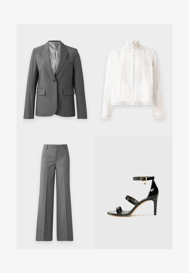 Siv obrabljen suh blazer z notches klapami, zapiranjem na en gumb, dvema sprednjima žepoma in gladkim vzorčastim podlogo. Standardna prileganje z dolgimi rokavi.; Bela bluza z visokim ovratnikom, dolgimi rokavi, navpičnimi gubami, čipkastimi poudarki in gumbom za zapiranje spredaj. Lahkoten material s polprosojno teksturo.; Sive široke hlače iz strukturirane tkanine. Imajo sprednje gube, prilegajoč pas in visokokakovosten videz, kar jih naredi idealne za formalne priložnosti.; Črne lakirane sandale s tremi trakovi, zaponko okoli gležnja in 10-centimetrsko stiletto peto. Imajo detajle iz zlatega kovanja in logotipni čar.