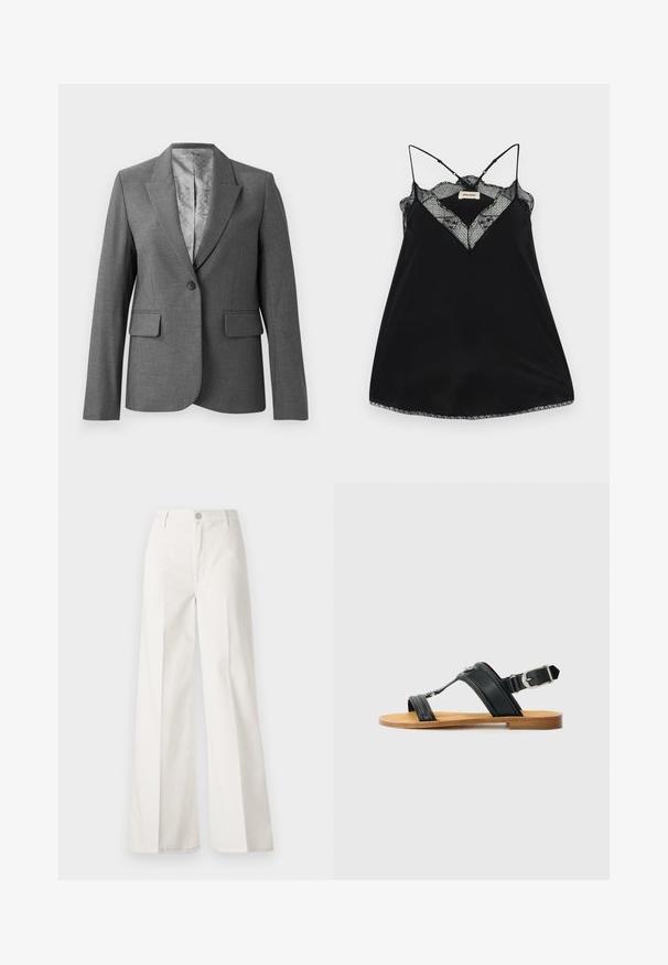 Sivý oblekový blazer s vystrihom na klopu, jednoznačným zapínaním, dvoma prednými vreckami a hladkým vzorovaným podšívaním. Štandardný strih s dlhými rukávmi.; Čierna tielko s nastaviteľnými ramienkami, s čipkovým výstrihom a zvlnenými okrajmi. Hladká tkanina s jemným leskom.; Biele široké nohavice vyrobené z bavlny s hladkou textúrou. Obsahujú predný gombík, zips a dizajn so štyrmi vreckami.; Čierne kožené sandále s nastaviteľnou sponou, plochou hnedou podrážkou a dvoma širokými popruhmi prekračujúcimi cez nohu, minimalistický dizajn.