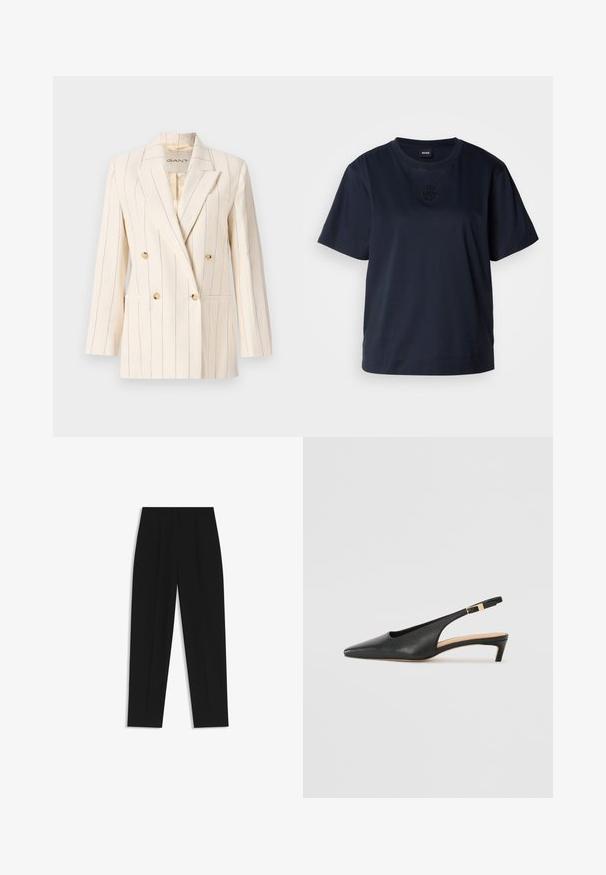 Dubbelzijdig colbert in crèmekleurige stof met verticale blauwe strepen. Heeft twee voorzakken, knopen in goudkleur en een gesneden revers.; Marineblauw T-shirt met korte mouwen van zachte katoen. Heeft een ronde halslijn en een subtiele geborduurde logo op de borst.; Zwarte broeken met een rechte pasvorm, voorzien van dubbele plooien, een zachte textuur en een klassiek taillebandontwerp. Geen zichtbare hardware of accenten.; Zwarte leren slingback hak met een eveneens spitse neus, lage hak en een verstelbare enkelband met een goudkleurige gespsluiting. Glad reliëf.