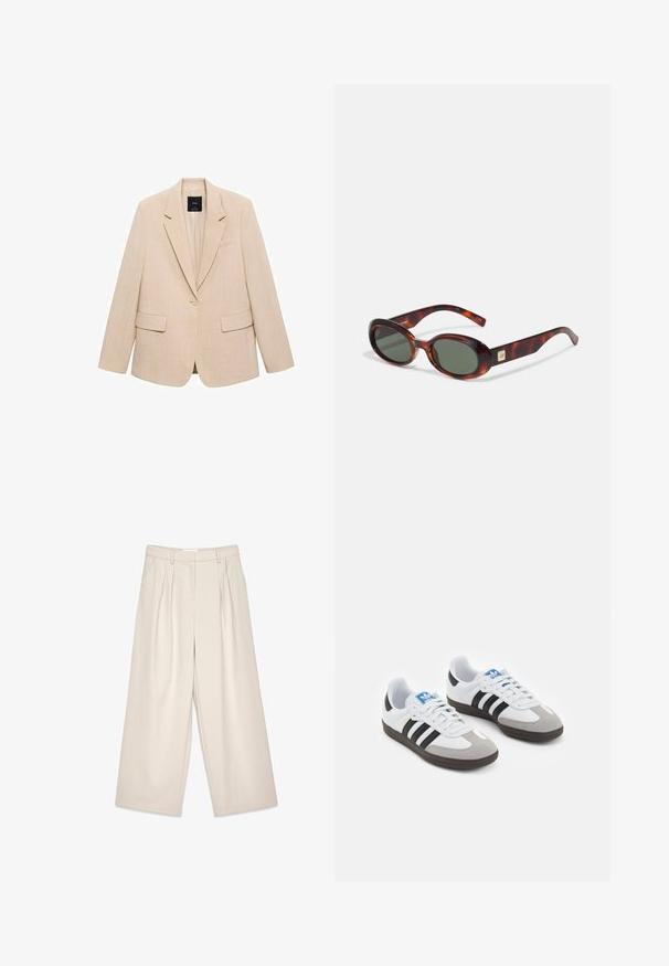 Beige kavaj i texturerad väv, med enkel knäppning, spetsiga slag och två framfickor. Enkel, skräddarsydd design.; Vit kortärmad t-shirt i mjukt tyg, med rund halsringning och diskreta sömnadsdetaljer vid fållen.; Beiga vida byxor med veck, som har en mjuk textur och bälteshällor. Skräddarsydd passform som erbjuder en lös känsla runt benen.; Sportskor med överdel i vit läder, grå mocka på tårna och tre svarta ränder. Har en blå logotyp på tungan och en texturerad gummisula.; Sköldpaddsmönstrade solglasögon med mörka linser, oval form och breda skaft. Har en liten guldfinish på sidan. Slät plastmaterial.; Vit handväska med en böjd silhuett, texturerat läder, guldhardware och en avtagbar rem med en logotyp och spänningsdetalj.