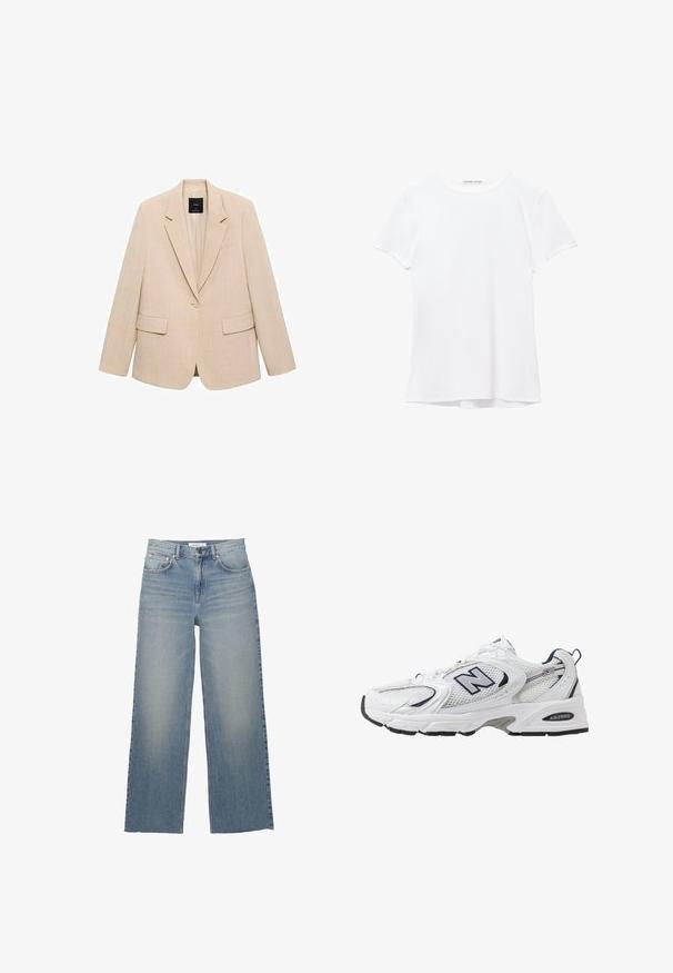 Béžový blejzer vyrobený z texturovanej tkaniny, s jedným gombíkom, klopovými revermi a dvoma prednými vreckami. Jednoduchý, strihaný dizajn.; Biela tričká s krátkym rukávom vyrobené z hladkej tkaniny, s okrúhlym výstrihom a jemnými švami na leme.; Svetlomodré nohavice s širokými nohavicami vyrobené z denimu, s vysokým pásom, prednými vreckami a zapínaním na gombík. Hladká textúra s vyblednutými oblasťami.; Biele športové topánky s priedušným vrchným materiálom, námorníckymi akcentmi a polstrovanou podrážkou. Obsahujú logo "N", šnúrky a textúrovaný detail na boku.