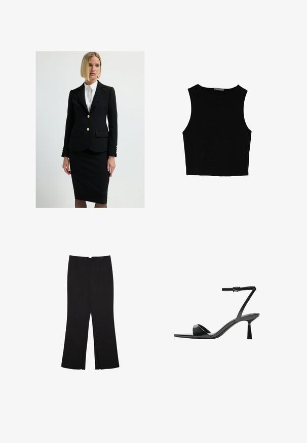 Blazer nero su misura con bottoni dorati, doppie tasche frontali e design elegante. Abbinato a una gonna a tubino nera fitted e a una camicia bianca.; Top corto senza maniche nero realizzato in tessuto liscio, con scollatura rotonda e un design pulito e semplice, privo di pattern o accessori.; Pantaloni neri a gamba dritta, con tasche frontali e spacchi laterali all'orlo. Realizzati in tessuto morbido e liscio. Adatti a diverse occasioni.; Bershka Sandali con tacco - black