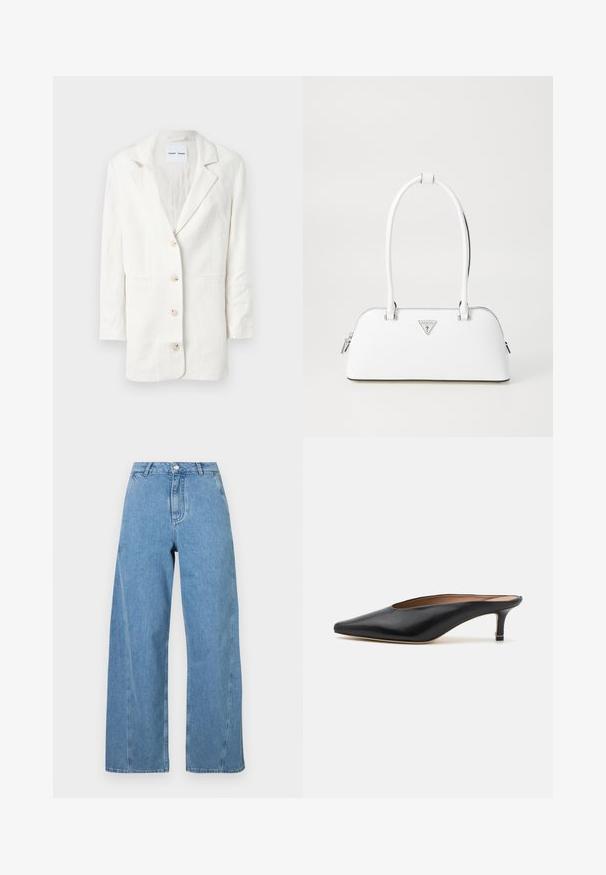 White blazer made from a lightweight fabric, featuring a single-breasted design, notched lapels, and three front buttons with matching buttonholes.; Gray knitted sweater featuring a cat graphic in black and beige, with the word "Future" in pink across the front.; Light blue wide-leg jeans made of denim, featuring a high waist, straight cut, and contrasting stitching along the seams.; Black leather mules with a pointed toe and low, block heel. Smooth texture with a sleek design. Open back with minimal detailing.; White leather handbag with a curved shape, featuring a silver triangular logo and zipper closure. Smooth texture and dual handles.