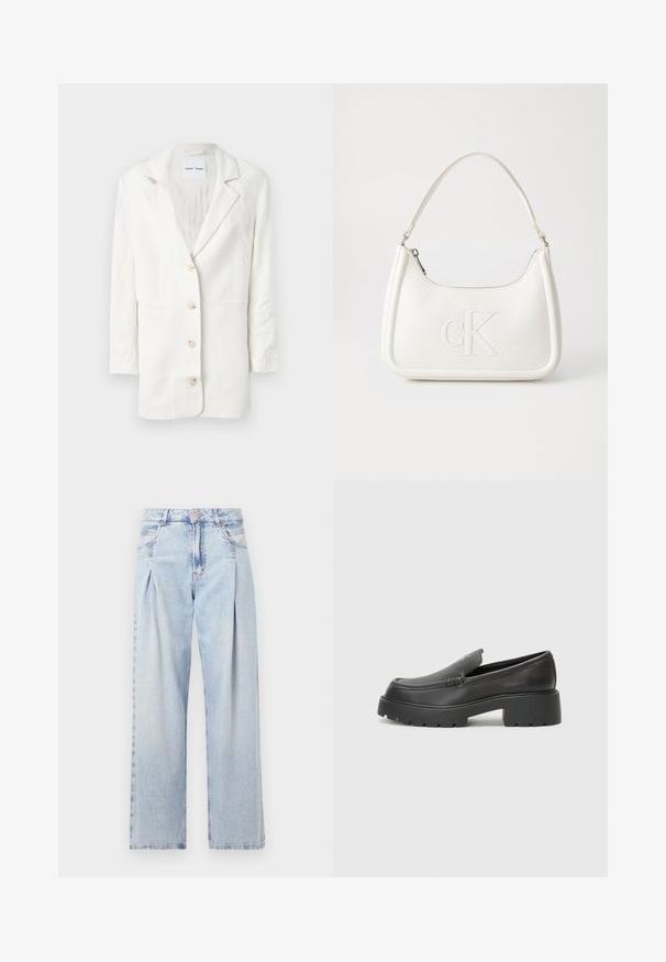 Blazer alb fabricat dintr-un material ușor, având un design cu un singur buton, rever încovoiat și trei butoane frontale cu butoniere asortate.; Tricou alb din bumbac cu mâneci scurte, guler rotund și o croială relaxată. Textură netedă, fără imprimeuri sau accente, design minimalist.; Jeans din denim albastru deschis cu talie înaltă, croială evazată, două buzunare laterale și un design pliat. Textură moale cu un finisaj decolorat.; Mocasini din piele neagră, cu vârf rotunjit, talpă groasă texturată și detalii minimale de cusătură. Design elegant, fără șireturi sau accesorii vizibile.; Geantă de umăr din piele albă cu formă curbată, având un logo "CK" embosat pe partea din față și un singur braț de umăr. Închidere cu fermoar în partea de sus.