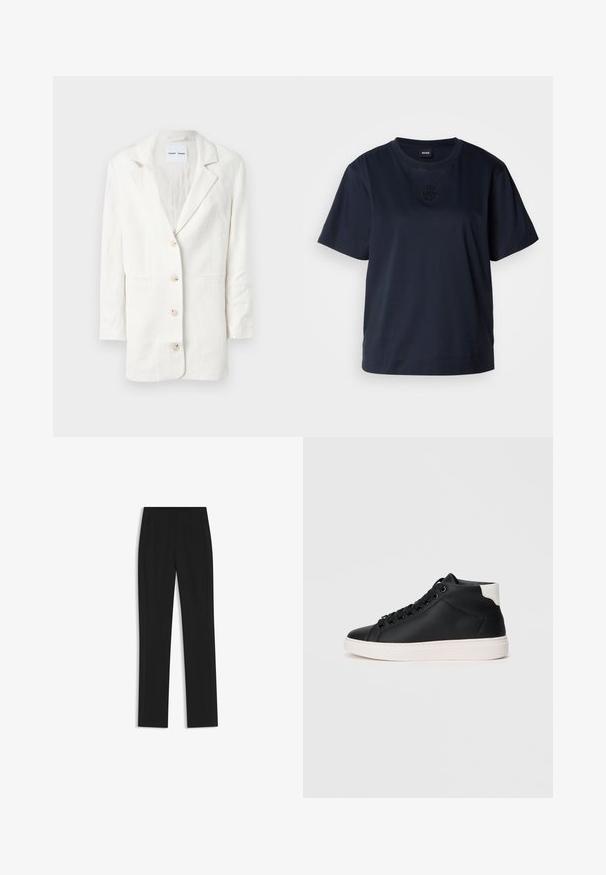Valkoinen bleiseri, joka on valmistettu kevyestä kankaasta, ja siinä on yksirivinen muotoilu, lovet ulokkeet ja kolme etupainiketta vastaavine nappilukuineen.; T-paita tummansinisestä pehmeästä puuvillasta, lyhyet hihat. Pyöristetty pääntie ja hillitty brodeerattu logo rinnassa.; Mustat räätälöidyt housut suoran lahkeen designilla, joissa on etutaskut ja sileä, teksturoitu kangas. Siistit, minimalistiset yksityiskohdat.; Musta korkeavartinen tennari, joka on valmistettu sileästä nahasta ja jossa on valkoinen kumipohja. Kenkässä on pyöreät nauhat, pehmustettu nilkkaosa ja kontrastivärinen kanta.