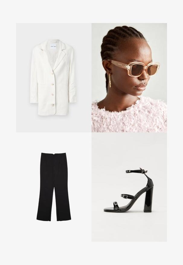 Blazer bianco realizzato in tessuto leggero, con design a un petto, rever a punte e tre bottoni frontali con asole abbinate.; Top corto senza maniche nero realizzato in tessuto liscio, con scollatura rotonda e un design pulito e semplice, privo di pattern o accessori.; Pantaloni neri a gamba dritta, con tasche frontali e spacchi laterali all'orlo. Realizzati in tessuto morbido e liscio. Adatti a diverse occasioni.; Sandali con tacco in vernice nera, con punta squadrata, cinturini alla caviglia e fibbie in argento. Presentano un tacco a blocco spesso per maggiore stabilità.; Occhiali da sole oversize beige con montatura trasparente e lenti marroni sfumate, caratterizzati da sottili accenti floreali e un design geometrico audace.