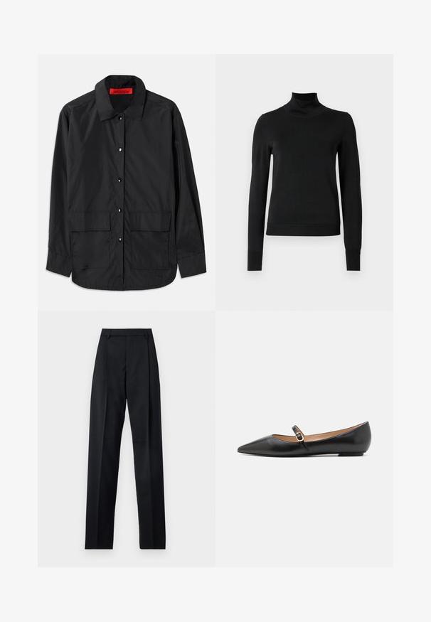 Fekete gombos ing, könnyű anyagból készült, klasszikus gallérral, két elülső zsebbel és piros belső címkével.; Fekete, hosszú ujjú garbós pulóver bordás mandzsettákkal és aljjal, sima fehér háttér előtt bemutatva.; Fekete nadrág sima anyagból, magas derékkal, széles lábakkal, elülső redőkkel és klasszikus övhurkokkal. Oldalzsebek nem láthatók.; Fekete bőr balettlapok hegyes orral és oldalsó pánttal, amelyen egy kör alakú arany dísz található. Könnyű, lapos talpú.