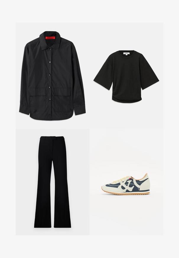 Crni košulja na dugih rukava izrađena od lagane tkanine, s klasičnim ovratnikom, dva prednja džepa i crvenom unutarnjom etiketom.; Crna kratka majica s kratkim rukavima, izrađena od mekog pamuka, s okruglim izrezom i opuštenim krojem te suptilnim nabiranjem sa strane.; Crne široke hlače s glatkom teksturom, krojenim pojasom i prednjim džepovima, dizajnirane s elegantnim, modernim siluetom.; Tenisice s kombinacijom krem, tamnoplave i sueded materijala, s čipkastim dizajnom, dijagonalnim šavovima i gumenom potplatom s protukliznom površinom.