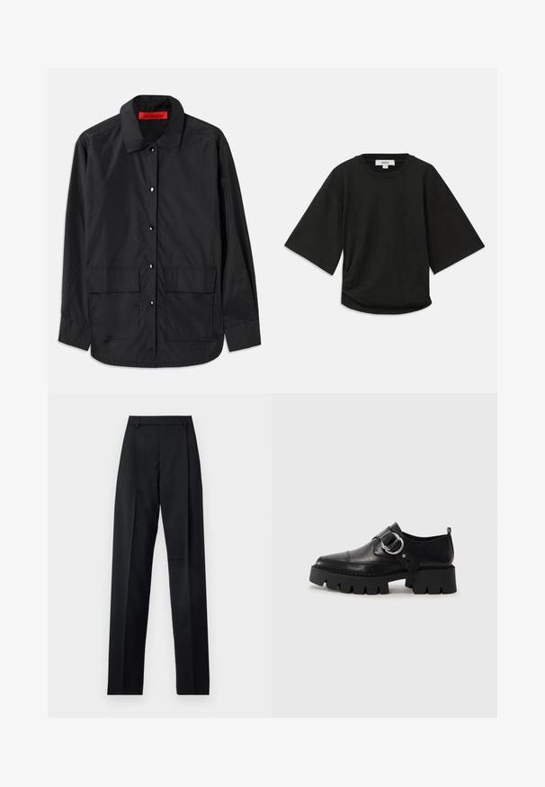 Must have kaelus, kaks esistaskut ja punane sisetikand. Tehtud kergest materjalist.; Must have lühikeste varrukatega must t-särk, mis on valmistatud pehmest puuvillast, ringikujulise kaelusega ja vabalt langenud lõikega, millel on külgedel peen volditud detail.; Mustad püksid siledast kangast, millel on kõrge vöökoht, laiad jalad, esimesed kortsud ja klassikalised vööloopid. Küljepockets pole nähtavad.; Mustad musta naha jalanõud, millel on jäme ribaga tallad, ringikujuline hõbedane detail ja minimaalne õmblusdetail.