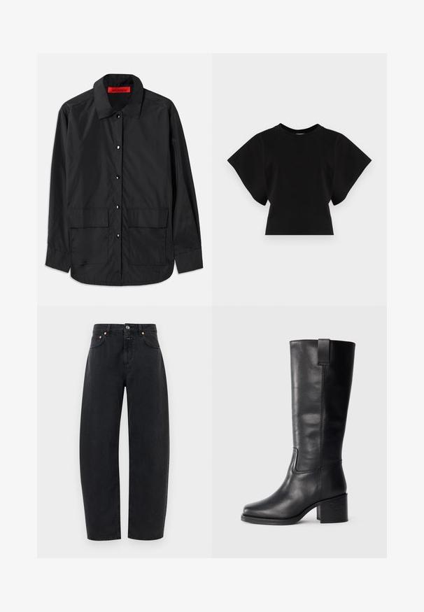 Cămașă neagră cu nasturi, confecționată dintr-un material ușor, având un guler clasic, două buzunare frontale și o etichetă interioară roșie.; Tricou scurt negru din bumbac, cu mâneci scurte și largi și un decolteu rotund, cu o textură netedă și un design minimalist.; Jeansi negri din denim cu un design drept, cinci buzunare și accente din cupru. Țesătura are o textură netedă și o cusătură clasică.; Cizme negre din piele până la genunchi cu o textură netedă, vârf pătrat, toc bloc și tab pentru tragere pe lateral, având detalii de cusătură minime.