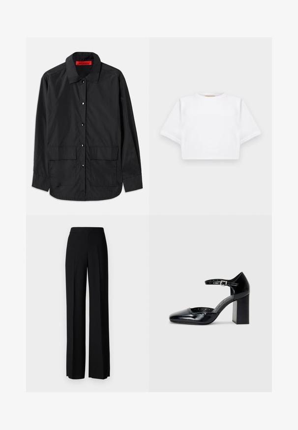 Čierna košeľa na gombíky vyrobená z ľahkého materiálu, s klasickým golierom, dvoma prednými vreckami a červeným vnútorným štítkom.; Strihnuté biele tričko vyrobené z mäkkej látky, s krátkymi rukávmi, okrúhlym výstrihom a rebrovanými detailmi na lemovaní. Jednoduchý a nezdobený dizajn.; Čierne široké nohavice s hladkým povrchom, s vysokým pásom a stredovými skladmi. Žiadne viditeľné vzory ani hardvérové detaily.; Čierne lakované dámske topánky na vysokom opätku so štvorcovou špičkou, remienkom okolo členku a masívnym opätkom. Obsahuje perforované detaily pozdĺž lemu.