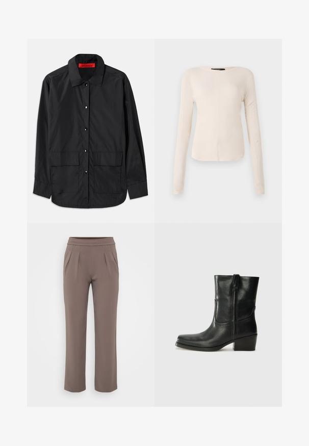 Sort skjorte med knapper, lavet af letvægtsstof, med klassisk krave, to forlommer og et rødt indvendigt mærke.; Langærmet, lys beige top med rund halsudskæring. Lavet af blødt stof, har en central søm og let buet kant. Der er ingen synlige metaldele.; Taupe løs-fit bukser med elastisk talje og frontfald, lavet af glat stof.; Sort læder ankelstøvle med rundt tå, blokhæl, lynlås i siden og stikninger på vampsiden. Glat tekstur, klassisk design.