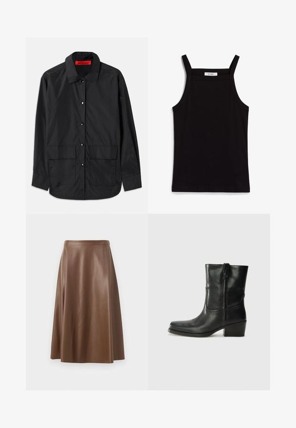 Svart skjorta med knappar i lätt tyg, med klassisk krage, två framfickor och en röd intern etikett.; Svart linne med tunna spaghetti-remmar, tillverkat av ett ribbat tyg, med rak skärning och en etikett vid halsringningen som säger "IVY OAK."; Brun läder A-linje kjol med en slät struktur och medellång fåll. Har en åtsittande midja och en lätt utsvängning från höfterna.; Svart läderankelboot med rund tå, blockklack, sidodragkedja och sömmar på ovandelen. Slät textur, klassisk design.