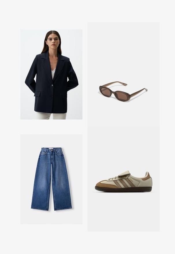 Marineblazer met een enkele knoopsluiting, piekflappen en twee voorzakken. Getailleerde pasvorm met een gladde, gestructureerde textuur.; Wit katoenen T-shirt met korte mouwen, een ronde hals en een gladde textuur. De achterkant is effen zonder extra patronen of ontwerpen.; Bershka WIDE-LEG - Wide leg - dark blue; Bruine en crèmekleurige sportschoen met drie beige strepen, gemaakt van suede en leer, vetersluiting ontwerp en rubberen zool. Tekstlogo aan de zijkant.; Brown ovalen zonnebrillen met donkere lenzen. Het montuur is gemaakt van doorzichtig bruin materiaal en heeft een logo dat op de slapen is gedrukt.