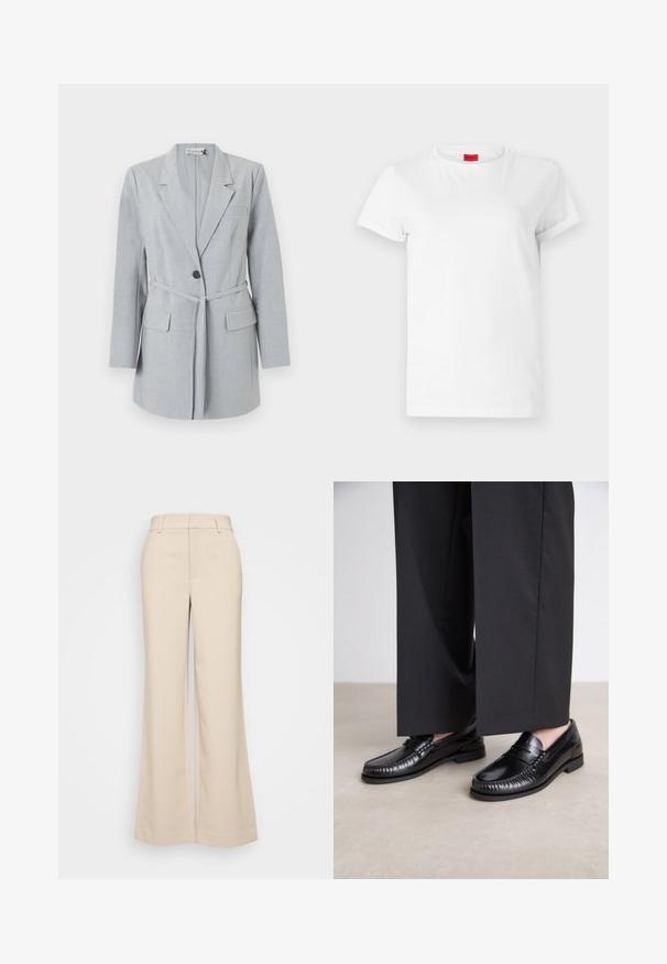 Šviesiai pilkas švarkas, pagamintas iš tekstūruoto audinio, su vienu mygtuku, apykakle ir dviem priekinėmis kišenėmis. Taip pat yra atitinkamas diržas.; Balta trumpo rank Sleeves marškinėliai, pagaminti iš lengvo medvilnės. Turi apvalų iškirpimą ir sukurtas rankoves. Raudonas logotipo ženklelis ant apykaklės.; Bežiniai plačios kojos kelnes su lygiu paviršiumi, turinčios aukštą liemenį ir dvi priekinės kišenes. Švarus dizainas su pritaikytu siluetu.; Juodi odiniai loaferiai su lygia apdaila, siuvinėjimu aplink pirštą ir žema gumine padu. Derinami su plačiomis juodomis kelnių.