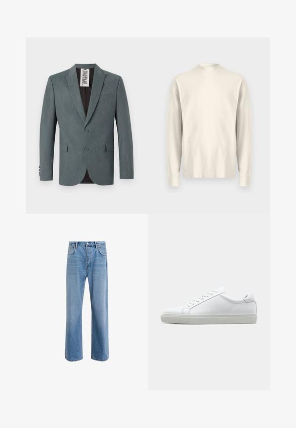 Blazer gri, texturat, cu rever decupat, cu două butoane în față și buzunare frontale. Interiorul este de culoare maro închis, cu o etichetă de îngrijire vizibilă.; Cămașă cu mâneci lungi și guler înalt din bumbac crem deschis. Textură netedă, croială lejeră, design minimalist, fără modele sau accente vizibile.; Jeans din denim bleu deschis cu un design drept, cinci buzunare, închidere cu buton, decolorare minimă și detalii de cusătură în contrast.; Adidași albi cu o suprafață din piele netedă și un profil jos. Au un vârf rotunjit, șase orificii pentru șireturi și o talpă din cauciuc texturată.
