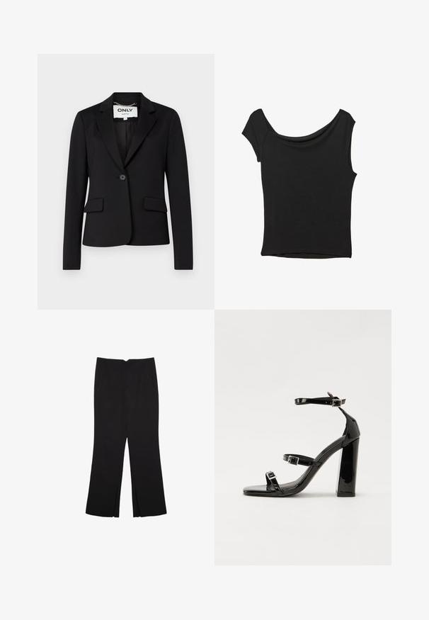 Čierny blejzer vyrobený z hladkej tkaniny, s jedným gombíkom na zapínanie, dvoma prednými vreckami a klopovým límcom.; Čierny krátky rukáv top vyrobený z hladkej tkaniny; má prehnutý výstrih a asymetrický lem, s priliehavým telom.; Čierne nohavice so strihom rovného strihu, s prednými vreckami a bočnými rozparkami na leme. Vyrobené z mäkkej, hladkej tkaniny. Vhodné na rôzne príležitosti.; Čierne lakované sandále na podpätku so štvorcovou špičkou, navlečenými remienkami okolo členku a striebornými prackami. Disponujú masívnym blokovým podpätkom pre stabilitu.