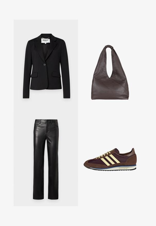 Juodas švarkas, pagamintas iš lygaus audinio, turintis vieną mygtuką, dvi priekinės kišenes ir įpjovimus ant apykaklės.; Pilkas trumpas rankovė t-shirt, pagamintas iš švelnaus medvilnės mišinio. Apvalus iškirpimas, laisvas siluetas su glotnia tekstūra ir minimalistišku dizainu.; Juodos odinės kelnės tiesiu kirpimu, su mygtukų uždarymu ir priekinėmis kišenėmis. Lygus paviršius su subtiliomis siuvimo detalėmis.; Rudi ir burgundiški sportbačiai, pagaminti iš suedės ir tinklinės medžiagos, su trimis grietinėlės spalvos juostelėmis, tekstūruota medžiaga ant liežuvėlio ir guminis padas.; Rudas odinė rankinė su krentančiu, dideliu dizainu. Pasirinkta kilpos rankena ir gili V-formos ertmė patogiam prieigai. Minkštas audinys, minimalistinis stilius.