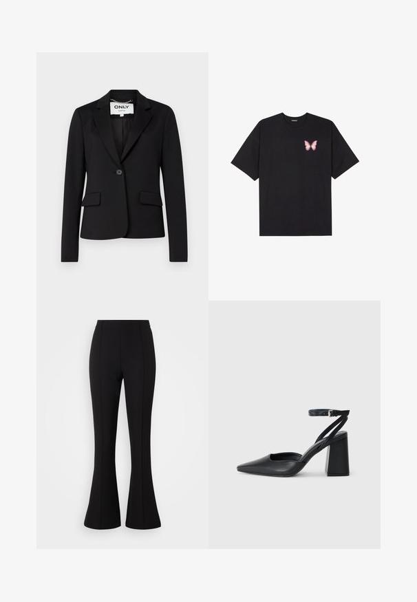 Must-valge bleiser, mis on valmistatud siledast kangast, millel on ühekordne nööpelement, kaks esist taskut ja kergelt sakilise lõikega krae.; Must muströöpidega must puuvillane T-särk, vasakul rinnal on väike roosa liblikas. Ümar kaelus ja vabalt istuv lõige.; Mustad flared püksid, mis on valmistatud venivast kangast, sujuva tekstuuriga, kõrge vöökohaga ja esitõmmete detailidega.; Mustmustest must-käigukingad, millel on konksuga nöör ja paks konts. Ühtlane tekstuur, stiilne disain ja minimalistlik esteetika.