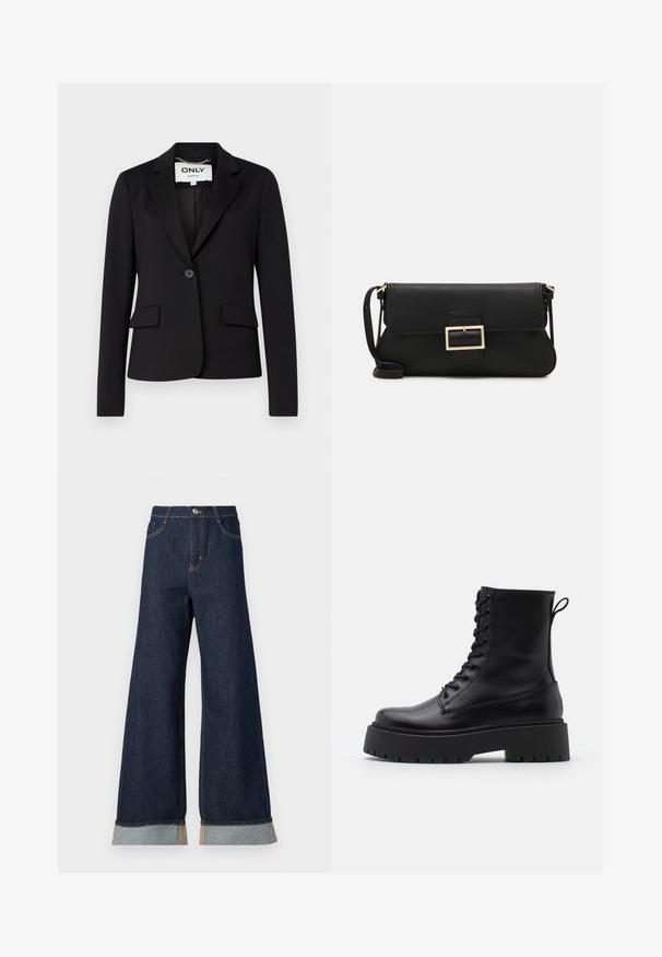 Blazer noir en tissu lisse, avec une fermeture à bouton unique, deux poches avant et un design à revers.; Débardeur blanc sans manches en tissu côtelé, doté d'un col rond et d'une silhouette ajustée, avec des coutures minimales et sans ornements.; Jean en denim foncé à jambes larges avec des coutures orange, présentant une taille haute, deux poches avant et des ourlets retroussés mettant en valeur un tissu contrastant bleu clair.; Bottines en cuir noir avec un bout rond, un laçage à l'avant et une épaisse semelle en caoutchouc dotée d'un motif texturé. Tirer au dos.; Pochette en cuir noir avec un rabat et un détail en boucle en métal doré. Inclut une sangle noire et un design épuré et minimaliste.