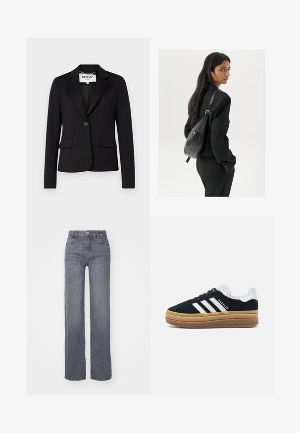 Melns bleizeris, izgatavots no gludas auduma, ar vienu pogu aizdošanu, divām priekšējām kabatām un izgriezumu klāja dizainu.; Balta bezpiedurkņu topiņš no ribotā auduma, ar noapaļotu kakla izgriezumu un pieguļošu siluetu, ar minimālām šuvēm un bez rotājumiem.; Pelēki plati bikses no denima ar gludu tekstūru, ar pogu un rāvējslēdzēju, kā arī piecām kabatām.; Melna zamšāda kedā ar baltām akcentu un trim svītrām, ar teksturētu baltu papēdi, gumijas zoli un "Gazelle" zīmolu.; Sieviete ar garām tumšām matiem, ģērbusies melnā uzvalkā, nēsā melnu ādas plecu somu un skatās pāri plecam uz balta fona.