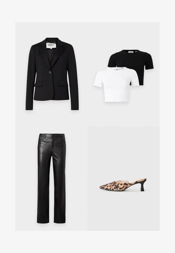 Czarny żakiet wykonany z gładkiego materiału, z pojedynczym zapięciem na guzik, dwoma przednimi kieszeniami i klapami w kształcie litery V.; Zestaw dwóch krótkich koszulek z krótkim rękawem w kolorze czarnym i białym, wykonanych z prążkowanej tkaniny, z okrągłym dekoltem i dopasowanym krojem.; Czarne skórzane spodnie o prostym kroju, z zapięciem na guzik i przednimi kieszeniami. Gładka faktura z subtelnymi detalami w szwach.; Czółenka z wydłużonym noskiem, z wierzchem w panterkę i niskim czarnym obcasem typu kitten na jasnym tle.