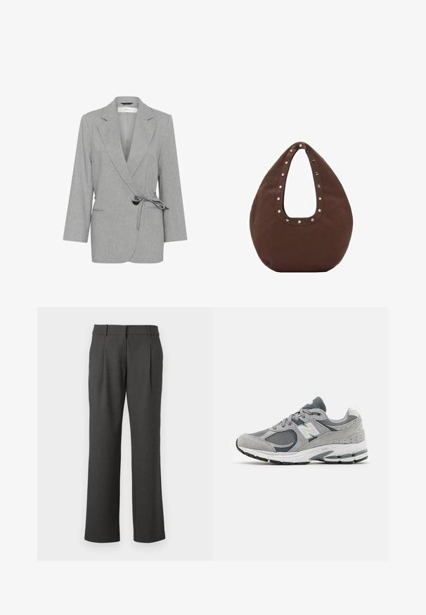 Szary, teksturowany żakiet o fasonie kopertowym, z długimi rękawami i wiązanym w pasie. Posiada dwie przednie kieszenie oraz klapy typu notch.; Biała koszulka wykonana z miękkiej, lekkiej tkaniny. Posiada okrągły dekolt oraz krótkie, szerokie rękawy, zapewniające luźny krój. Brak widocznych wzorów.; Ciemnoszare eleganckie spodnie formalne o prostych nogawkach, z szlufkami na pasek i kantami z przodu, wyeksponowane na białym tle.; Szare sneakersy wykonane z siateczki i zamszu, z białym logo, wyściółką przy kostce i teksturowaną gumową podeszwą. Akcenty w ciemniejszym odcieniu szarości.; Brązowa torba na ramię o zaokrąglonym kształcie, z dużym uchwytem w kształcie wycięcia ozdobionym srebrnymi ćwiekami wzdłuż krawędzi. Wykonana z miękkiego materiału.