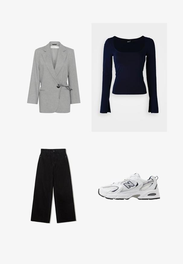 Harmaa, teksturoitu bleiseri, jossa on kääntödesign, pitkät hihat ja sidottava vyötärö. Sisältää kaksi etutaskua ja viiltohuput.; Tummansininen pitkähihainen paita, jossa on neliön muotoinen pääntie ja joka on valmistettu sileästä, joustavasta kankaasta. Ominaisuuksiin kuuluu vartalonmyötäinen malli ja hieman levenevät hihansuut.; Musta, leveälahkeinen farkut, joissa on korkea vyötärö, viisi taskua ja etupuolella yksittäinen napitus.; Valkoinen urheilushoe, jossa on verkkomateriaali päällä, laivastonsiniset yksityiskohdat ja pehmeä pohja. Varustettu "N"-logolla, nauhoilla ja teksturoidulla yksityiskohdalla sivussa.