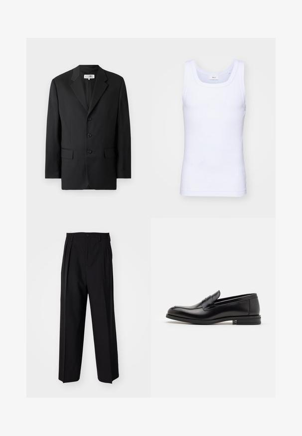 Juodas švarkas, pagamintas iš sklandaus audinio, su išpjautu apykakle, trimis priekiniais mygtukais ir dviem priekinėmis kišenėmis. Klasikinis pritaikytas dizainas.; Balti medvilninė be rankovių marškinėliai su apvaliu iškirpimu, pasižymintys lygiu tekstūru ir prigludusia forma, skirti kasdieniam dėvėjimui.; Juodi klostuoti kelnių, su tiesiu, plačiu kojų dizainu. Pagaminti iš lygios medžiagos, su mygtukų uždarymu ir diržo kilputėmis.; Juodos odinės loafers, turinčios lygų paviršių, apvalią noselę ir dekoratyvinę juostą per priekinę dalį. Žemas krentantis kulnas, minimalistinis dizainas.