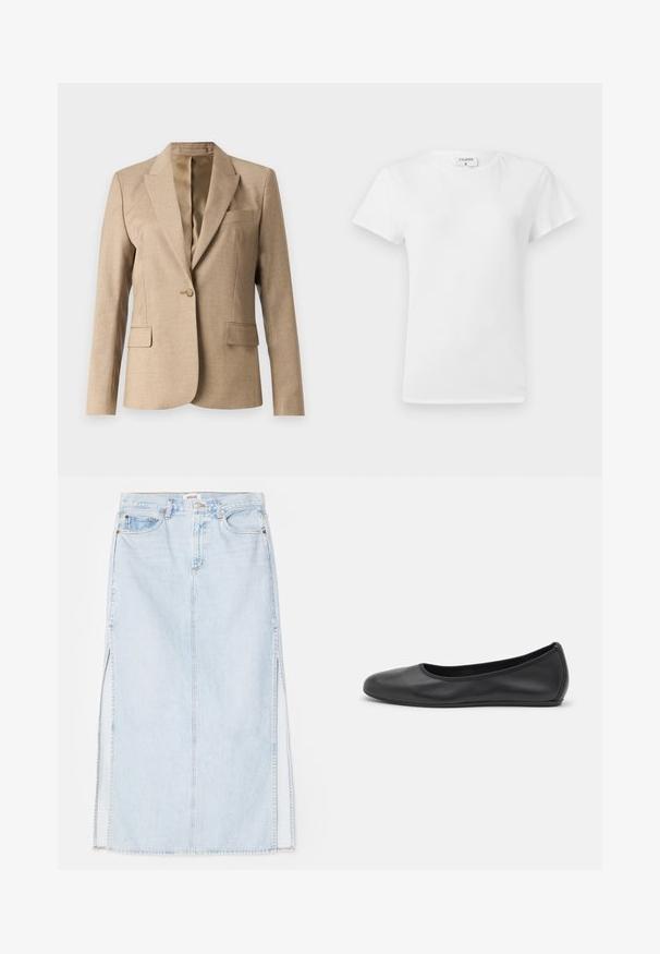 Béžový blazer s vykrojeným límcem, jednořadovým zapínáním na knoflík a dvěma předními kapsami. Texturovaná tkanina s hladkou podšívkou.; Bílá bavlněná tričko s kulatým výstřihem a krátkými rukávy, s uvolněným střihem a minimalistickým designem. Štítek je viditelný na krku.; Světle modrá denimová maxi sukně se střihém do tvaru A, která má boční rozparky a design s pěti kapsami. Výrazné švy a kovové zapínání na knoflík.; Černé kožené baletní byty s kulatou špičkou, hladkou texturou, minimálními švy a flexibilním designem podrážky.