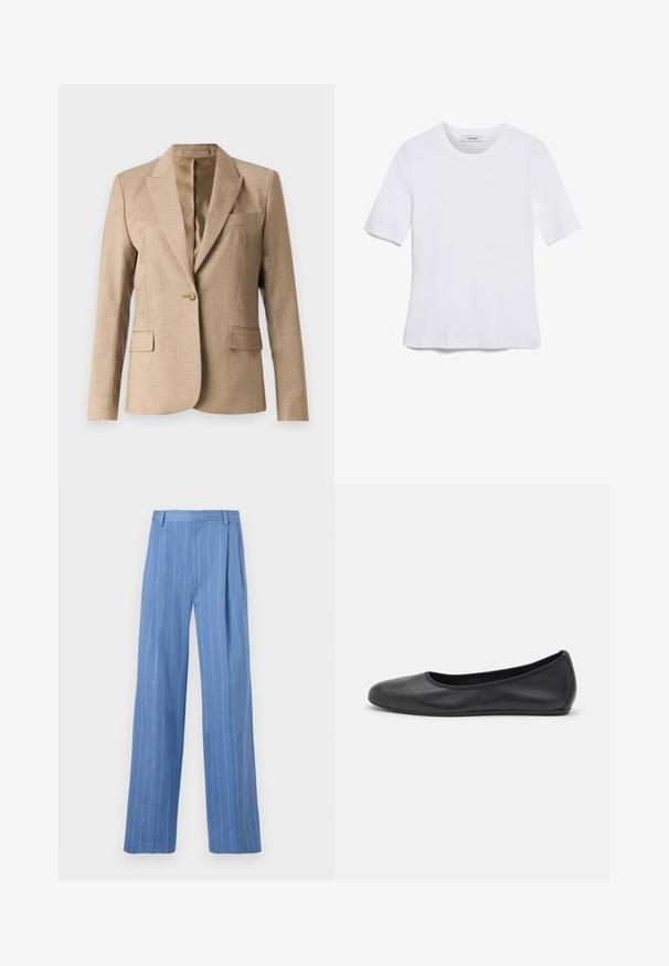 Bež sako od teksturirane tkanine s reverom s urezom, jednim gumbom i dva prednja džepa. Minimalistički dizajn.; Bijela majica s kratkim rukavima izrađena od rebraste tkanine. Okrugli izrez, klasičan kroj i suptilni detalji šivanja. Bez uzoraka ili grafika.; Svijetloplave široke hlače s vertikalnim bijelim prugama. Napravljene su od glatkog materijala, s prednjim oštrim naborom i čistim dizajnom struka.; Crne kožne baletanke s zaobljenim vrhom, glatke teksture, minimalnim detaljima šavova i fleksibilnim dizajnom potplata.