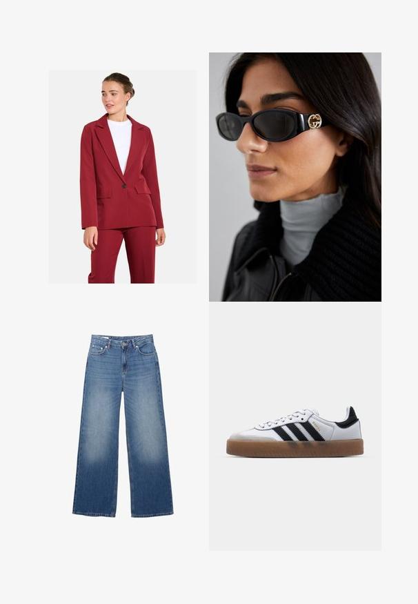 Bordeaux-kostymjakke med notched lapel, enkel knappelukking og to frontlommer. Glatt stoff med en strukturert passform.; Denim-paita, tummansininen väri, klassinen kaulus, pitkät hihat, nappikiinnitys, korostettuna ruskealla nahkavyöllä vyötäröllä.; Valkoiset, vaaleansiniset farkut, joissa on leveät lahkeet ja haalistunut ilme. Viisi taskua ja nappikiinnitys vyötäröllä. Puuvillamateriaali, suora leikkaus.; Valkoiset nahkakengät, joissa on mustat raidat, kumipohja, pyöreä varvas, nauhakiinnitys ja pehmeä harmaa mokkanahkakärki.; Mustat aurinkolasit, joissa on tyylikäs suorakulmainen kehys ja kultainen logo-akkentti sivussa. Tumma linssit ja kiiltävä pinta ovat huomattavissa.