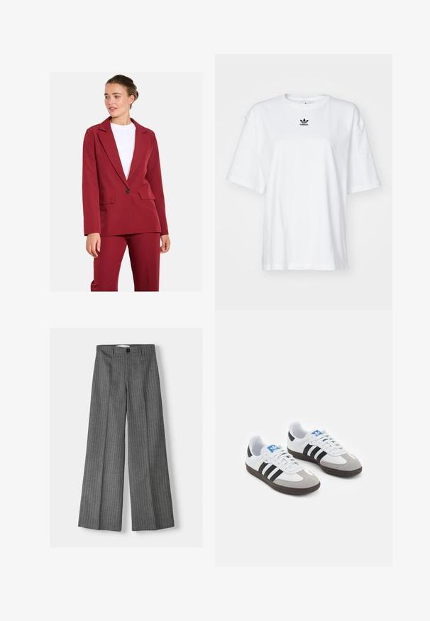 Burgunderfarbener taillierter Blazer mit Reverskragen, einreihigem Knopfverschluss und zwei vorderen Taschen. Glattes Gewebe mit strukturierter Passform.; Weißes T-Shirt mit kurzen Ärmeln aus Baumwolle. Verfügt über einen Rundhalsausschnitt und ein kleines schwarzes Adidas-Logo auf der Brust. Gerader Saum.; Grauweite Hosen mit einem Nadelstreifenmuster, ausgestattet mit einem Knopfverschluss und zwei vorderen Taschen. Aus texturiertem Stoff gefertigt.; Sportschuhe mit einem Obermaterial aus weißem Leder, grauer Wildleder-Zehenkappe und drei schwarzen Streifen. Sie verfügen über ein blaues Logo auf der Zunge und eine strukturierte Gummisohle.