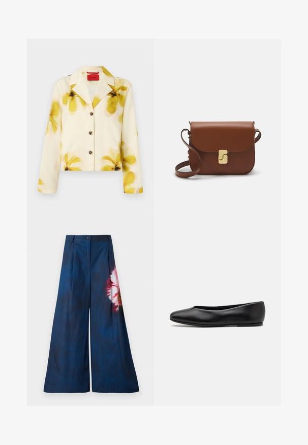 Korte jas van zachte stof, crèmekleurig met gele bloemenprint, met een notch kraag, knopen aan de voorkant en lange mouwen. Accentueert met donkere knopen.; Licht beige cropped sweater met een ritskraag, voorzien van een textuurpatroon en geribde manchetten en onderrand. Combineert gebreide en geweven materialen.; Wijde broek in donkerblauwe stof, met een bloemenprint in roze en geel aan één kant, met een knoopsluiting bij de taille.; Paul Smith TOPANGA - Ballerina's - black; Bruine leren handtas met een klep sluiting, gouden hardware, een schouderband en een gladde textuur. Compact rechthoekige vorm.