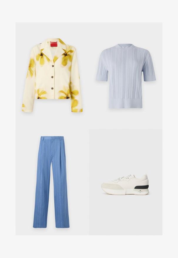 Cropped jacket in soft fabric, cream with yellow floral print, notched collar, button front, and long sleeves. Accented with dark buttons.; Light blue short-sleeved knit top featuring vertical ribbed texture and a crew neckline. The fabric shows subtle detailing with a fitted hem.; Light blue wide-leg trousers with vertical white stripes. Made of smooth material, featuring a front pleat and a clean waistband design.; White sneaker featuring a textured suede toe cap, smooth mesh upper, decorative laces, and a black rubber heel accent.