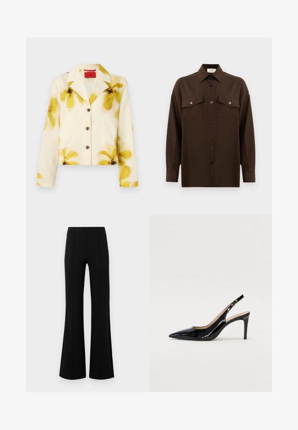Veste courte en tissu doux, crème avec imprimé floral jaune, col à revers, devant à boutons et manches longues. Accentuée de boutons foncés.; Chemise à manches longues brun foncé avec boutons, dotée de deux poches poitrine à rabat et d'un col classique, présentée sur un fond blanc uni.; Pantalons évasés noirs avec une taille haute, fabriqués en tissu extensible. Présente des détails de couture verticaux sur le devant et une texture lisse.; Pompe slingback en cuir verni noir avec un bout pointu, un talon fin et un design de découpes subtil. Elle dispose d'une boucle dorée sur la sangle.