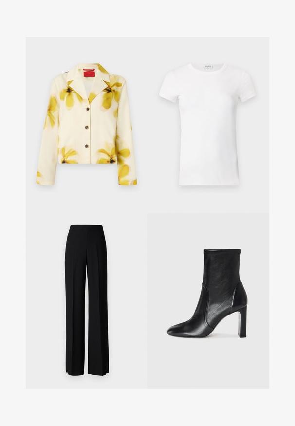 Korte jas van zachte stof, crèmekleurig met gele bloemenprint, met een notch kraag, knopen aan de voorkant en lange mouwen. Accentueert met donkere knopen.; Wit geribd T-shirt met korte mouwen en een ronde hals. De stof lijkt glad met een getailleerde pasvorm. Logo zichtbaar op de kraag.; Zwarte wijde broek met een gladde textuur, voorzien van een hoge tailleband en middelste plooien. Geen zichtbare patronen of hardware-details.; Zwarte leren enkelboot met een slank ontwerp, spitse neus en hoge blokhak. Heeft een gladde textuur en minimalistische stikseldetails.