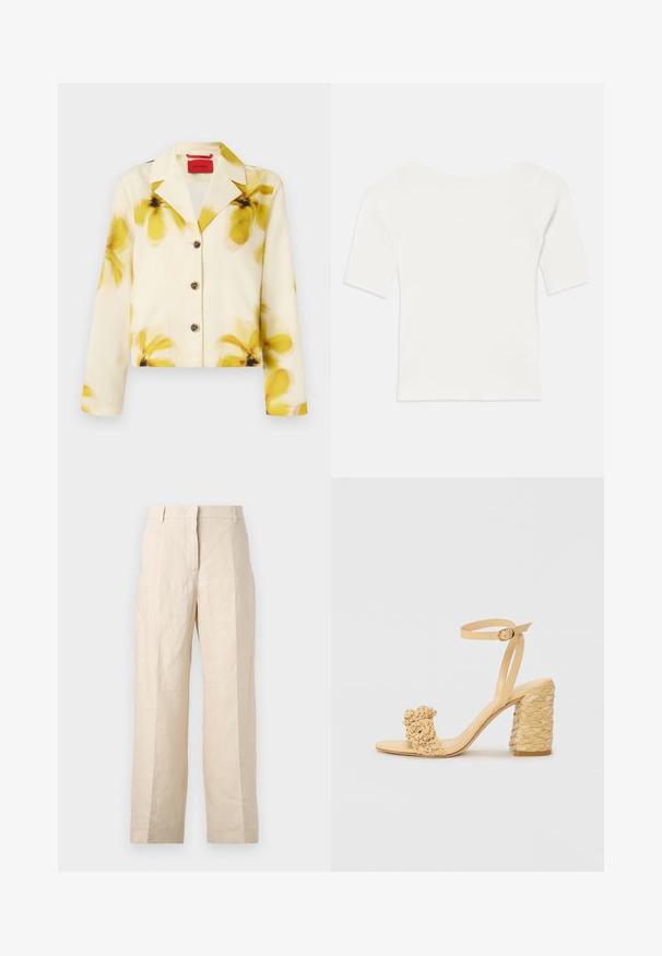 Giacca accorciata in morbido tessuto, color crema con stampa floreale gialla, colletto a punte, chiusura con bottoni e maniche lunghe. Accentuata da bottoni scuri.; Top bianco a righe con maniche corte e scollo ampio. La texture presenta strisce verticali, enfatizzando una vestibilità aderente e un design semplice.; Pantaloni di lino beige con una vestibilità ampia, fronte plissettato e gambe dritte. Presentano una vita con passanti per cintura e senza tasche visibili.; Sandalo beige con tacco alto e texture intrecciata, dotato di un fiore decorativo e di una cinghia alla caviglia. Il tacco quadrato offre stabilità.