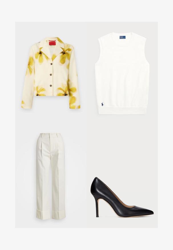 Cropped jacket in soft fabric, cream with yellow floral print, notched collar, button front, and long sleeves. Accented with dark buttons.; White sleeveless sweater made of smooth cotton, featuring a ribbed hem and a small navy logo on the bottom left. Simple design, no patterns.; White tailored pants featuring a high waist, double front pleats, and wide legs with folded cuffs. Made from a smooth, textured fabric.; Black leather high heel pump with a pointed toe and a slender stiletto heel. Smooth texture and minimal detailing create a classic design.