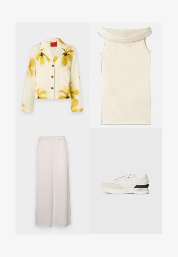 Veste courte en tissu doux, crème avec imprimé floral jaune, col à revers, devant à boutons et manches longues. Accentuée de boutons foncés.; Robe beige dénudée des épaules en tissu lisse, avec un large col et sans manches, présentant une coupe droite et un ourlet net.; Pantalons amples beige clair avec une taille élastique. Tissu lisse, longueur pleine, sans embellissements ni motifs visibles.; Baskets blanches avec un capuchon en suède texturé, un upper en mesh lisse, des lacets décoratifs, et un accent de talon en caoutchouc noir.
