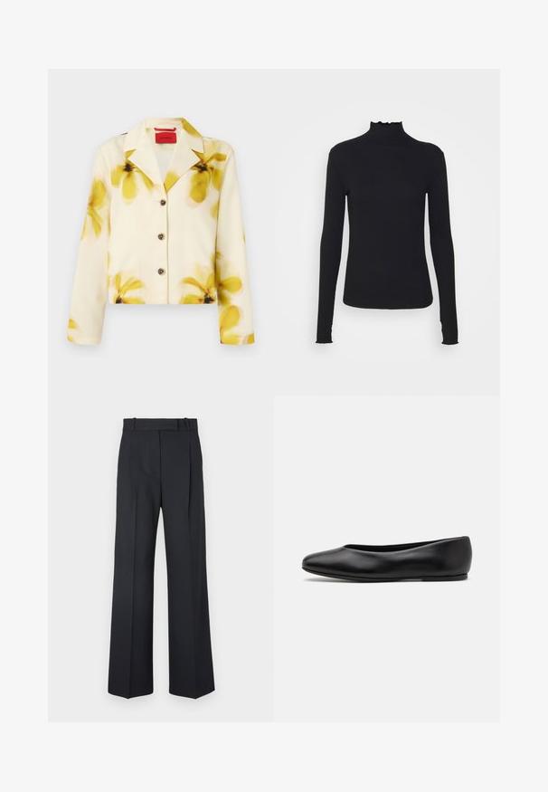 Veste courte en tissu doux, crème avec imprimé floral jaune, col à revers, devant à boutons et manches longues. Accentuée de boutons foncés.; Haut à manches longues noir en col roulé, fabriqué en tissu lisse, présentant un col volanté et une silhouette ajustée avec des bords simples.; Pantalons rayés bleu foncé à taille haute, avec une coupe large et sans matériel ni embellissements visibles. Texture lisse et ajustement ajusté.; Paul Smith TOPANGA - Ballerines - black