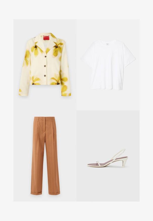 Jachetă scurtă dintr-un material moale, crem cu imprimeu floral galben, guler decupat, închisă cu nasturi și mâneci lungi. Decorată cu nasturi negri.; Tricou alb din bumbac, cu mâneci scurte, guler rotund, croi lejer și tiv cusut. Eticheta este vizibilă pe interiorul gulerului.; Pantaloni maro cu dungi fine, cu un design croit, având plisse, croială dreaptă și un tiv cu manșetă. Confectionați dintr-un material fin.; Sandale albe cu toc mic, curele subțiri și o textură netedă din piele; prezintă o cataramă decorativă mică.