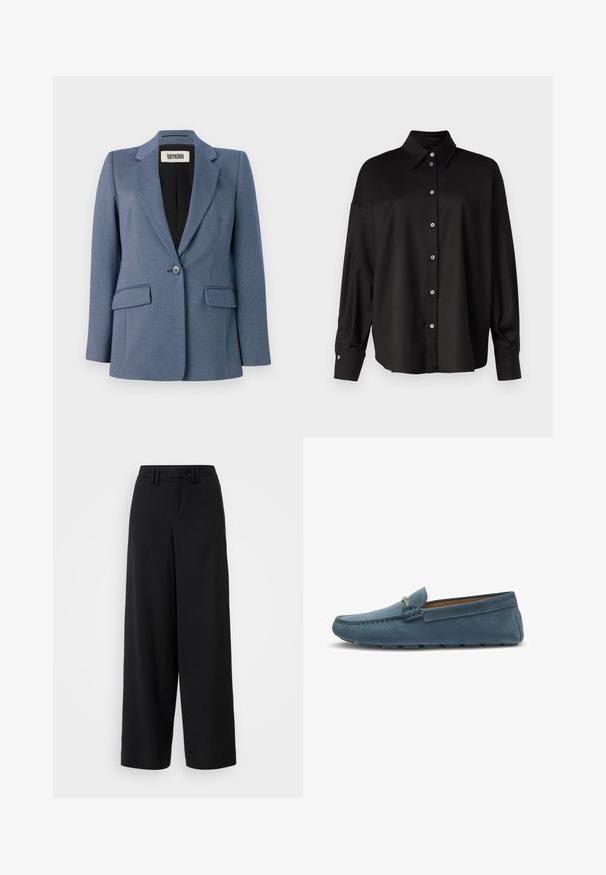 Blaue maßgeschneiderte Blazerjacke aus strukturiertem Stoff, mit einreihiger Knopfschluss, zwei Fronttaschen und schwarzem Futter. Auffälliges Reversdesign.; DRYKORN LYSILA - Hemdbluse - black; Schwarze weite Hosen aus glattem Stoff, mit einem flachen Frontdesign, gefältelten Details und Gürtelschlaufen am Bündchen.; Blaue Wildleder-Slipper mit flacher Sohle, die an den Kanten mit einer gestickten Gestaltung versehen sind und einen dekorativen Metallelement an der Vorderseite besitzen.