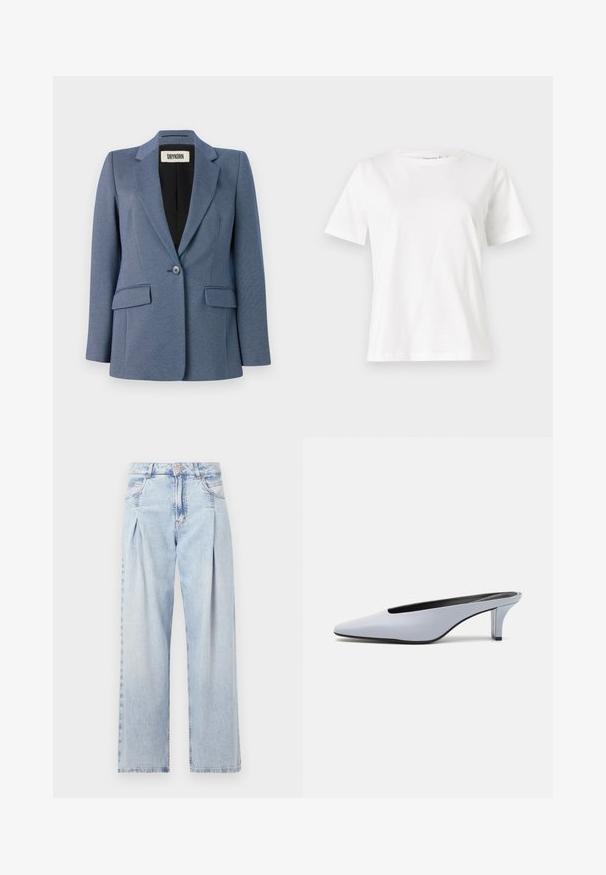 Blå skræddersyet blazer i et tekstureret stof, enkelt knaplukning, to forlommer og sort foring. Bemærkelsesværdigt reversdesign.; Hvid bomulds t-shirt med korte ærmer, rund halsudskæring og en afslappet pasform. Glat tekstur, ingen mønstre eller accenter, minimalistisk design.; Lyseblå denim jeans med høj talje, bred benåbning, to sidelommer og plisseret design. Blød tekstur med et falmet finish.; Lys blå patentlæder mule med spids tå, lav gennemsigtig hæl og et elegant design med udskæring ved vamps.