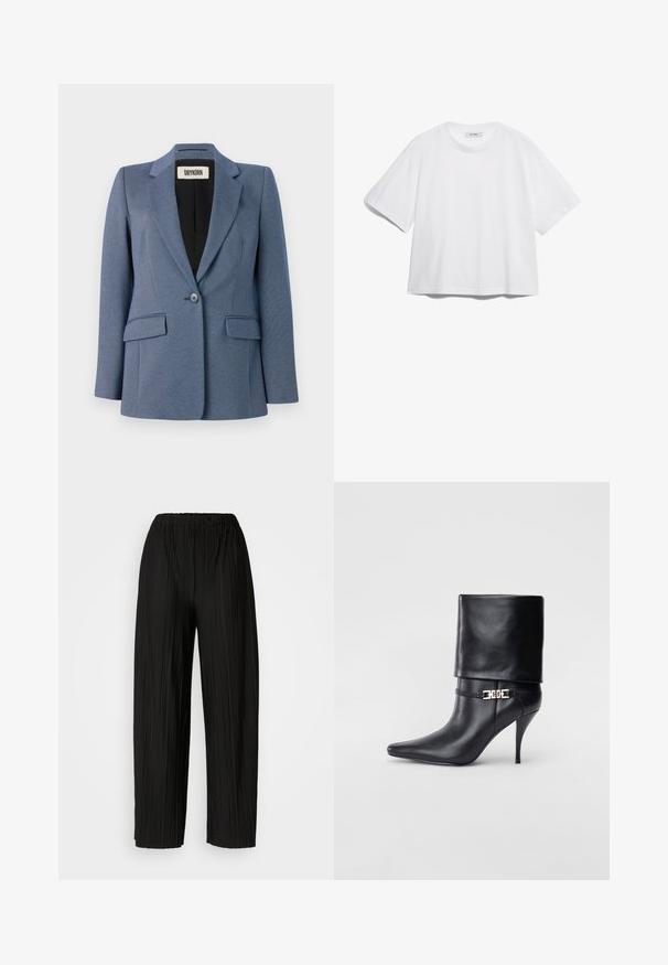 Kék, testre szabott blézer, strukturált anyagból, egy gombos záródással, két elülső zsebbel és fekete béléssel. Figyelemre méltó hajtóka kialakítás.; Fehér pamut póló rövid ujjal, kerek nyakkivágással, laza fazonnal, és nincsenek rajta látható minták vagy grafikák. Sima textúra és egyszerű dizájn.; Fekete, pliszírozott, bőszárú nadrág rugalmas derékkal. Az anyag függőleges pliszékkel és sima textúrával rendelkezik.; Fekete bőr bokacsizma hegyes orral, magas stiletto sarokkal, hajtott szegéllyel és arany díszcsattal a bokán.