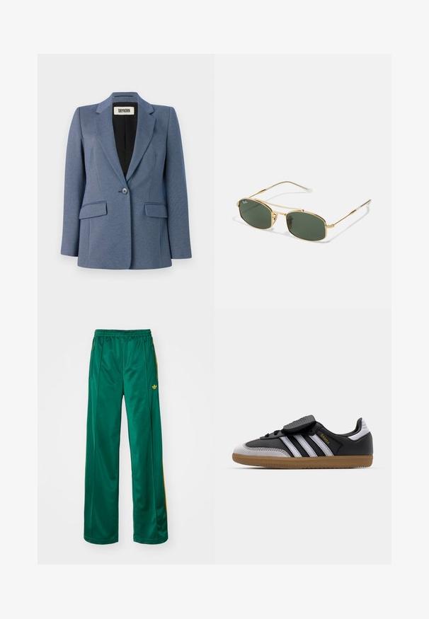 Blazer ajusté bleu avec un tissu texturé, fermeture à un bouton, deux poches avant et une doublure noire. Design de revers notable.; T-shirt blanc à manches courtes avec un col rond, fabriqué en matériau coton, présentant une silhouette ajustée et une étiquette de marque noire à l'intérieur du col.; Pantalons de sport en satin vert avec une coupe décontractée, présentant des accents de rayures jaunes et un logo brodé sur le côté gauche. Taille élastique.; Baskets en cuir noir et en suède gris avec des rayures blanches, semelle en caoutchouc, lacets à l'avant et sangle Velcro. Présente le logo "Samba" en doré.; Lunettes de soleil en métal doré avec verres verts, présentant une forme angulaire et des branches fines. Le design comprend une monture fine et un logo discret sur le verre.; Boucles d'oreilles en perles blanches rondes avec une surface lisse et brillante. Elles ont un design classique et simple, sans accents ni accessoires supplémentaires.