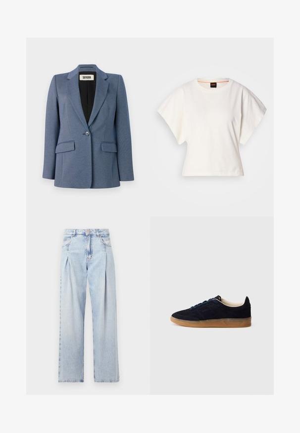 Blå skræddersyet blazer i et tekstureret stof, enkelt knaplukning, to forlommer og sort foring. Bemærkelsesværdigt reversdesign.; Hvid cropped T-shirt, korte brede ærmer, blødt bomuldsstof, rund halsudskæring med diskret orange kant, minimalistisk design uden mønstre eller grafik.; Lyseblå denim jeans med høj talje, bred benåbning, to sidelommer og plisseret design. Blød tekstur med et falmet finish.; Marineblå ruskindssneaker med gummisål, blå snørebånd og minimalistisk design. Indeholder præget logo på siden og glat inderfor.