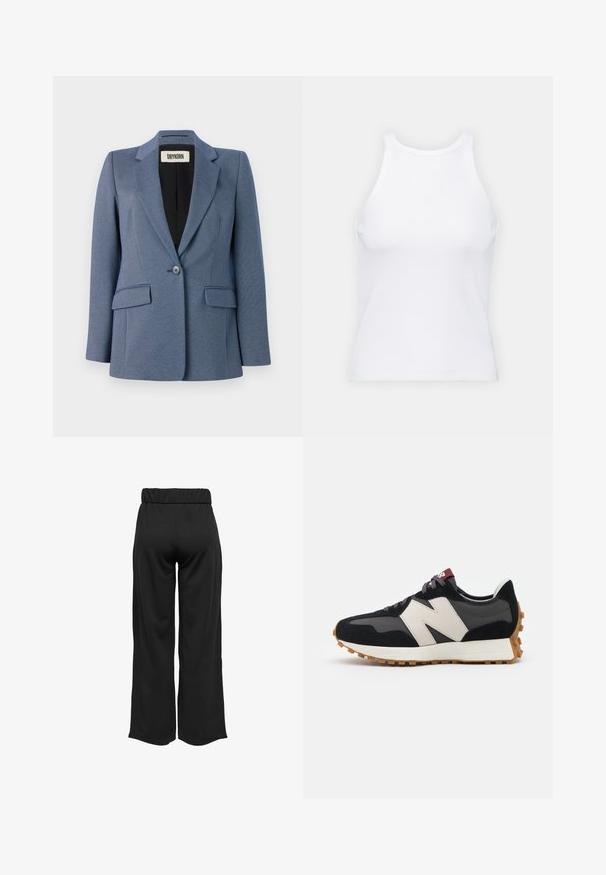 Blazer ajusté bleu avec un tissu texturé, fermeture à un bouton, deux poches avant et une doublure noire. Design de revers notable.; Débardeur blanc sans manches en tissu côtelé, doté d'un col rond et d'une silhouette ajustée, avec des coutures minimales et sans ornements.; Pantalons noirs à jambes larges avec une taille élastique, fabriqués à partir d'un tissu lisse. Présente un design épuré sans poches ni détails de couture visibles.; Baskets en suede noir et gris avec un grand logo "N" couleur crème, lacets violets et semelle extérieure en caoutchouc gomme texturé.