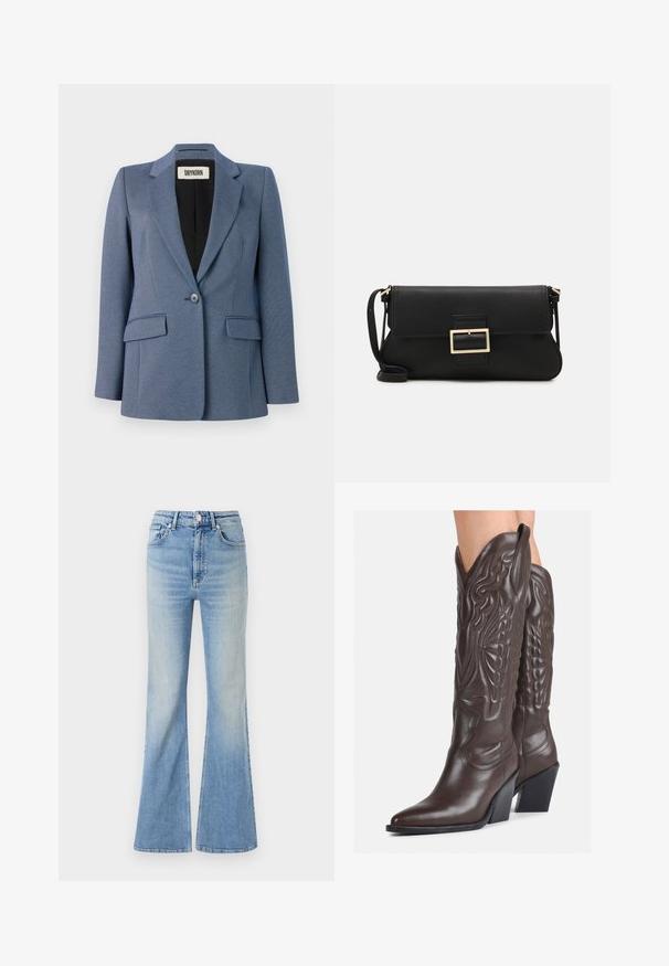 Sinine kohandatud bleiser tekstuursed kangast, ühes nupuga kinni, kahe esipocketiga ja musta voodriga. Tuntud kraediisain.; Valge ilma varrukateta T-särk, mis on valmistatud ribakangast, ümarate kaelustega ja kitseneva siluetiga, minimaalse õmbluste ning ilma kaunistusteta.; Heledad sinine flared teksapüksid, millel on kõrge vöökoht, viie tasku disain ja peen gradiseeruv hägusus alates hemist.; Pruunid nahast cowboy saapad terava varbaga ja plokk-kandaga, millel on detailne tikand ja kergelt tõstetud aktsendid varrel.; Must haben musta nahkklahviga kott, millel on klapp ja kuldne metallist pandla detail. Kaasas must rihm ja stiilne, minimalistlik disain.